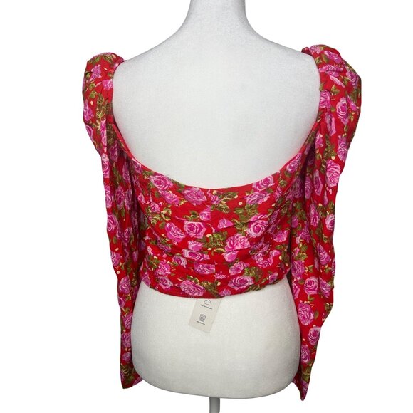 Zara‎ Floral Long Sleeve Backless Crop Top Red Pink Size Medium - Picture 2 of 14